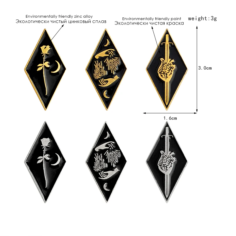Мисс Зое 3 шт./компл. Ножи ручной розы Луны меч сердце готика эмаль на булавке значок джинсовая куртка ювелирные изделия Броши для подарков для Для женщин Для мужчин