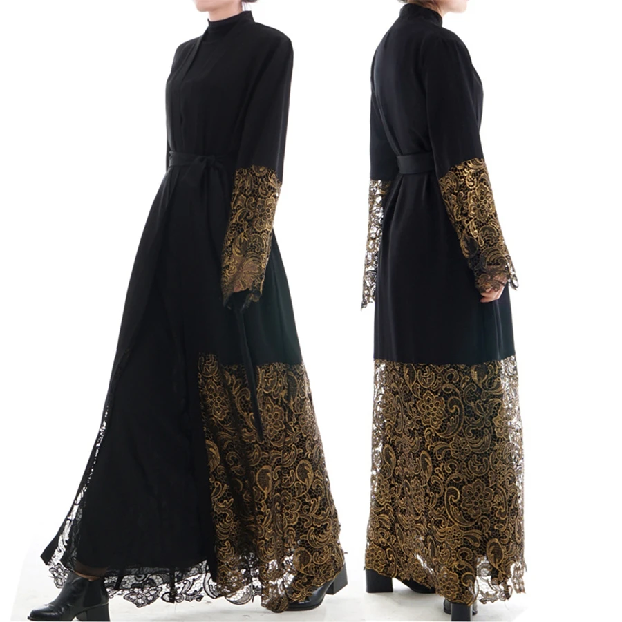 

Fashion Islamic Muslim Lace Maxi Dress embroidery mesh Cardigan Robes Abaya Turkish Instant Hijab Vestidos Kaftan Style