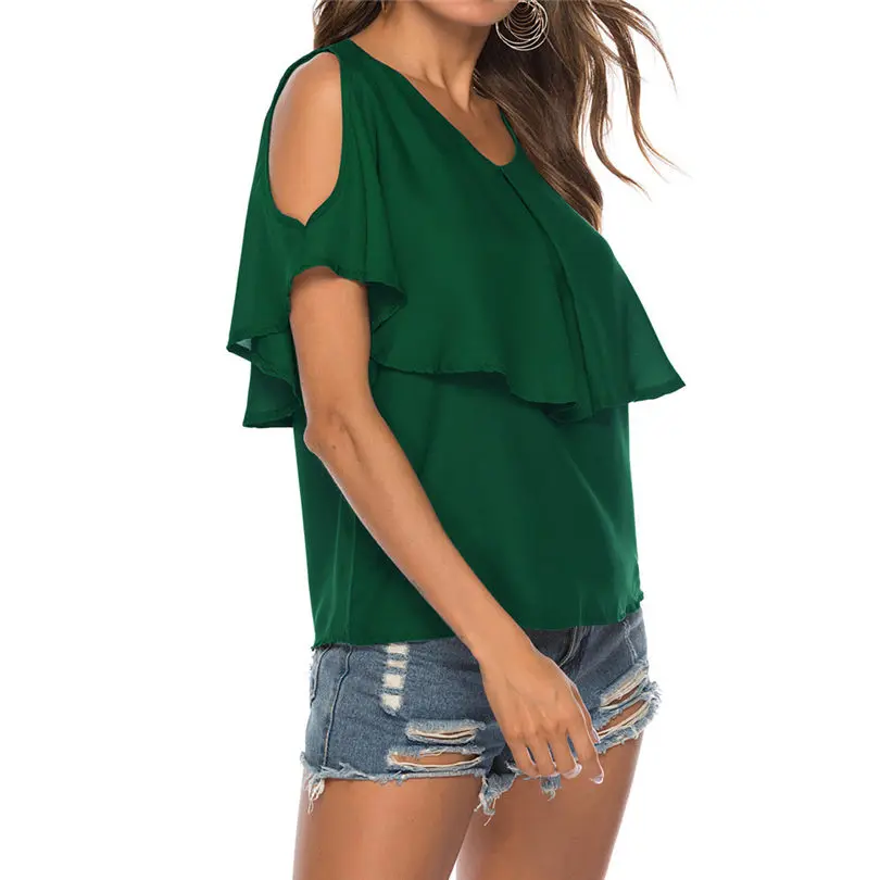 New Women Summer Fashion Office Ladies Elegant Vintage Solid O-Neck Cold Shoulder Overlap Blouse Ruffle Short Sleeve Top #4A23 (3)