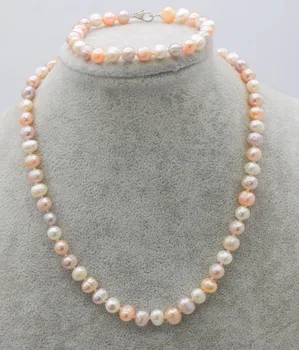 

one set freshwater pearl white pink purple necklace bracelet 7-8mm near round FPPJ wholesale beads nature