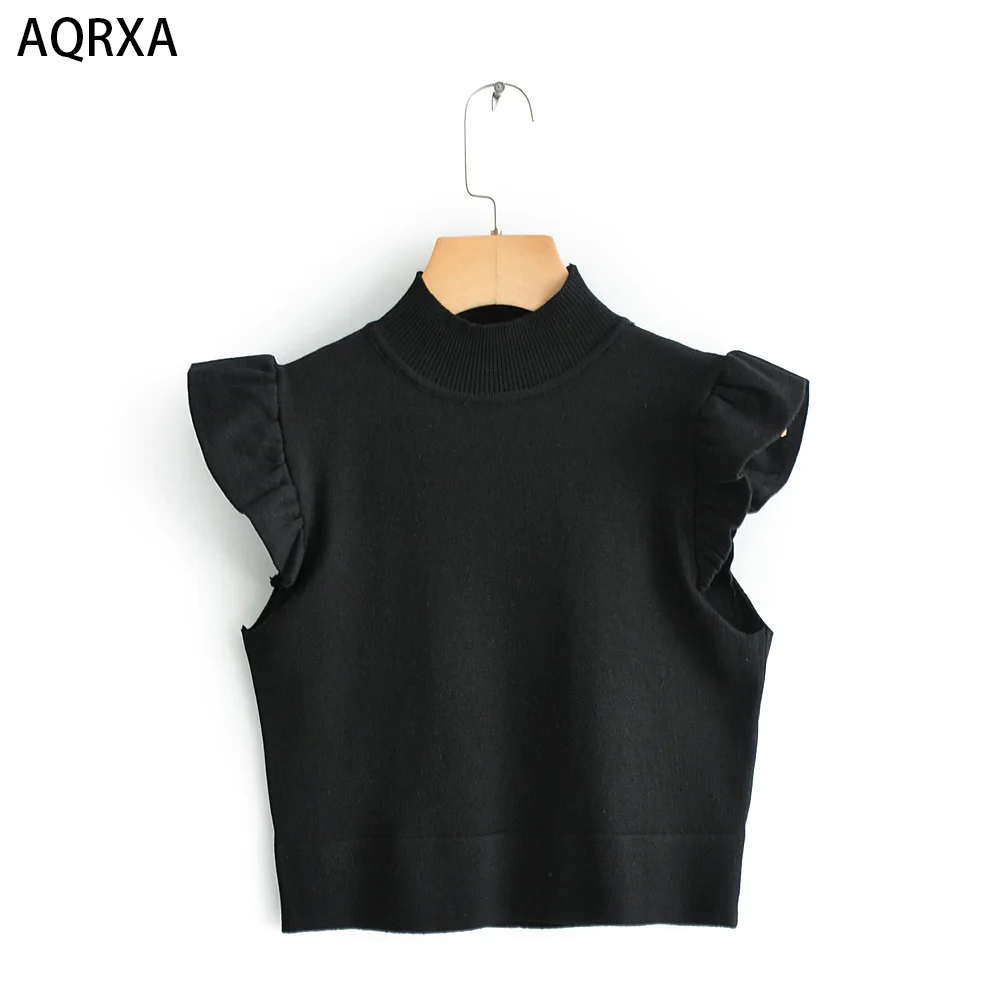 

Women crochet tops summer clothes ruffles hem sleeveless two color white and black Free size drop ship short style turtleneck