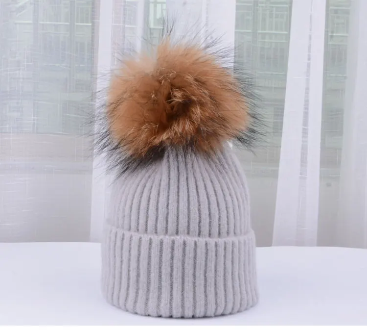 winter hats for girls kids boys knitted hat girl pom pom hat kids girls children natural raccoon Winter hats for children (13)