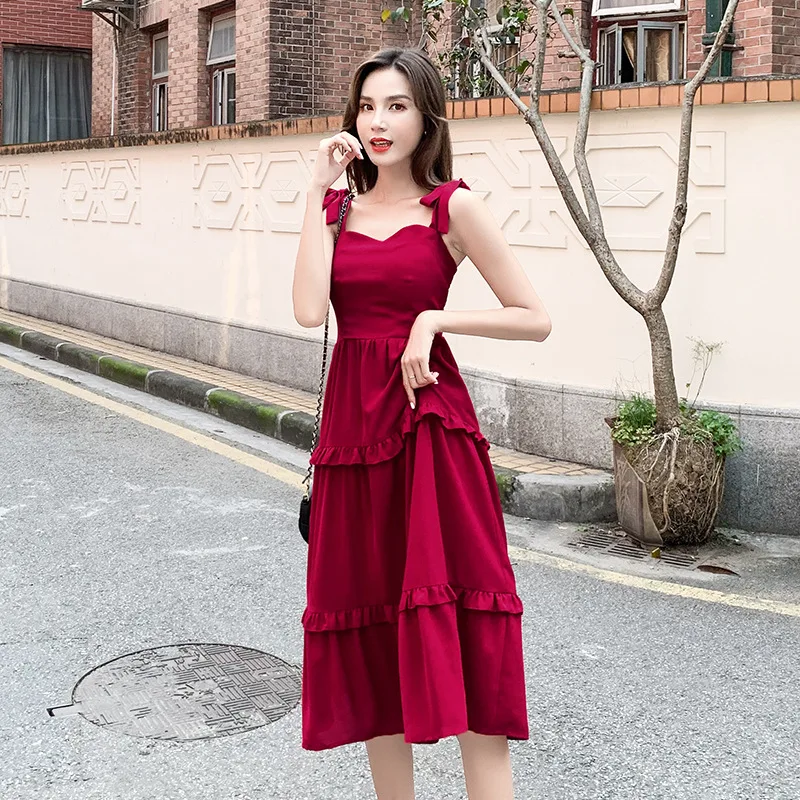 

New Lotus Leaf Edge Mid-long Suspender Belt Pure A-shaped 2019 Square Collar Sleeveless Straight Women Clothes Dress
