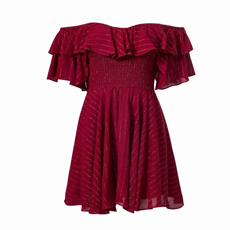 yinlinhe Red Off Shoulder Summer Dress Short Sleeve Sexy Striped Ruffles Dress Women Backless Slim Waist Elegant Vestidos 10