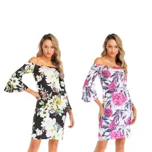 European And American Holiday Dress Off-the-shoulder Bell-Sleeve Package Hip Printed Summer women Dress European And American Holiday Dress Off-the-shoulder Bell-Sleeve Package Hip Printed Summer women Dress