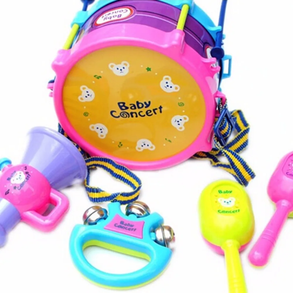 Ocday الطفل الحفلات الأطفال لعبة هدية مجموعة 5 قطع طبل البوق cabasa handbell الصكوك الفرقة الموسيقية كيت لعبة موسيقية