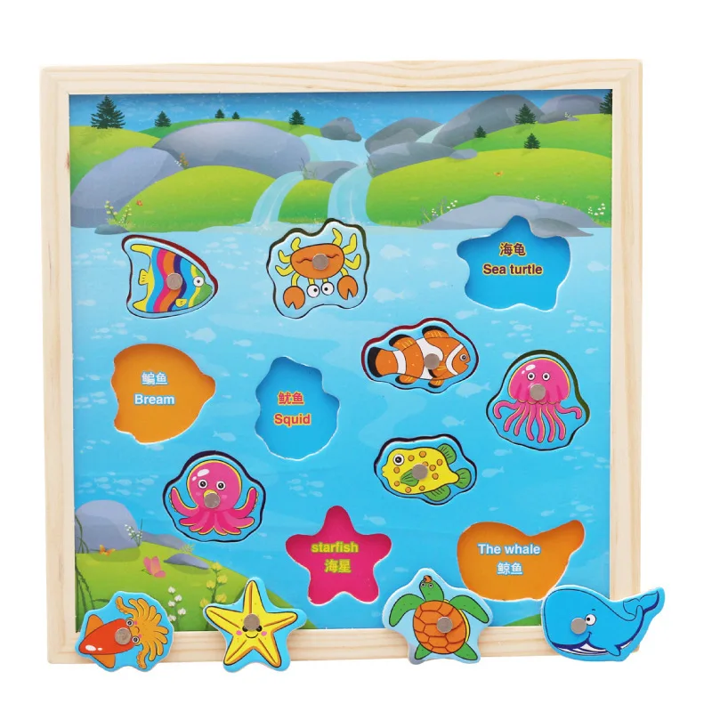 Small square wooden fishing cartoon puzzle board early