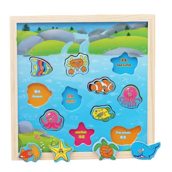 

Small square wooden magnetic fishing cartoon puzzle board early childhood educational wooden toys Jigsaw Puzzles toys