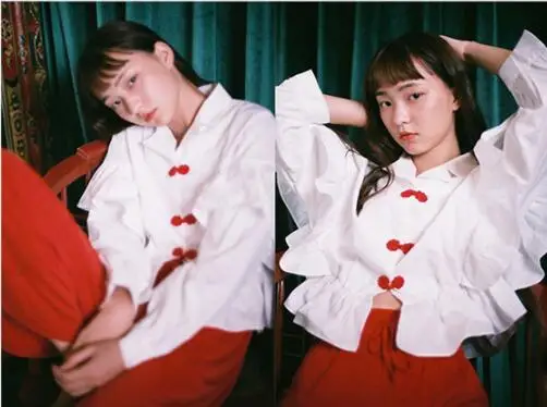 WHITNEY WANG Весенняя модная уличная цветная контрастная китайская пуговица Блузка с оборками женские блузы рубашка для девочек топы