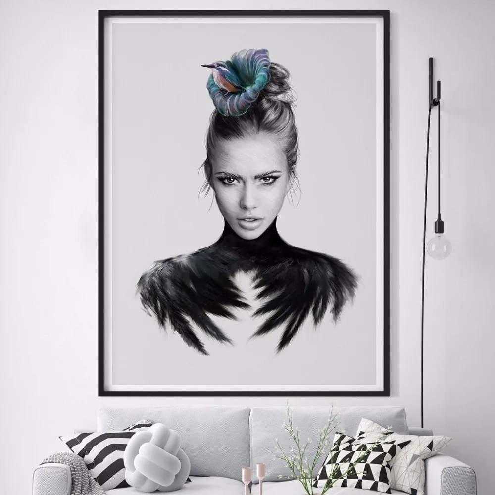 

Nordic Canvas Prints Modern Home Decor Abstract Figurative Painting Art Wall Pictures Feather Girl Pictures For Living Room A4