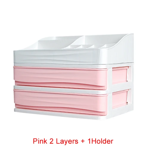 Pink 2Layers 1Holder Пластиковый косметический ящик, органайзер для макияжа, контейнер хранения ювелирных изделий, коробка хранения, сделай сам, многослойная шкатулка держатель для ванной комнаты, органайзер для косметики - Цвет: Pink 2Layers 1Holder
