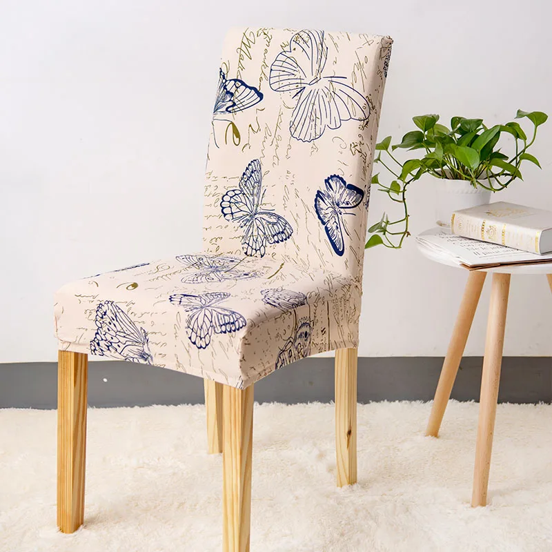 Flower Plant Chair Cover Spandex for Dining Room Stretch Chair Slipcover for Party Banquet Wedding Restaurant 1PC Washable - Цвет: Navy Butterfly