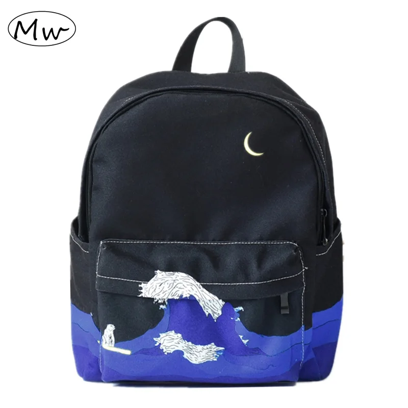 Moon Wood Original Design Black Blue Print Sea Moon Backpack Women Casual Canvas Backpack School Bags For Teenager Girls Sac цена Moon Wood Original Design Black Blue Print Sea Moon Backpack Women Casual Canvas Backpack School Bags For Teenager Girls Sac цены онлайн