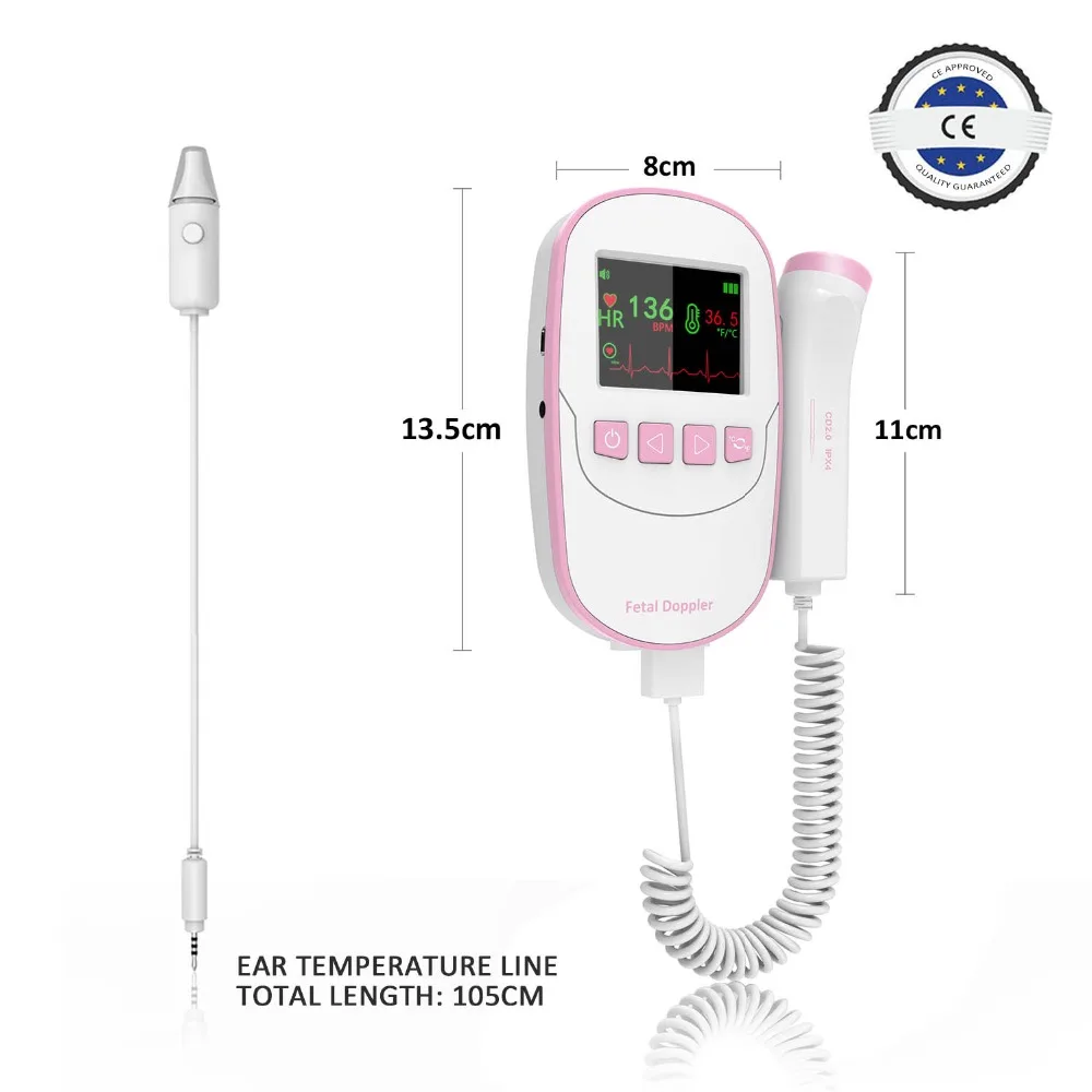  Fetal Doppler With Ear Thermometer Premium Professional 2MHZ Detector Portable Pregnancy Angel Soun