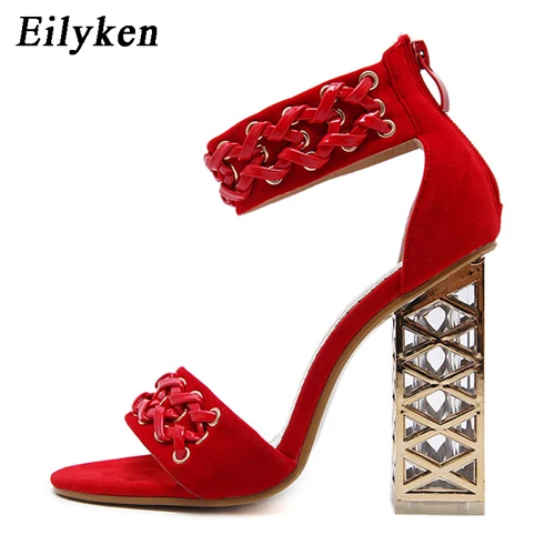 Eilyken/женские босоножки; пикантные плетеные босоножки на высоком каблуке с заклепками и кристаллами; красные женские Босоножки с открытым носком для свадебной вечеринки - Цвет: Red