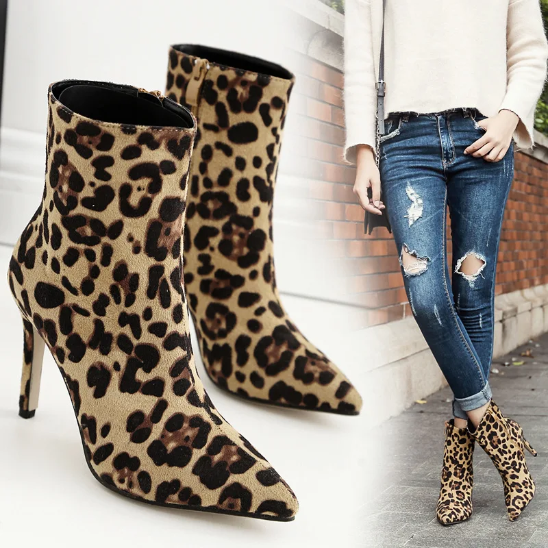 2018 Shoes Women Ankle Boots Sexy Flock High Heels 10CM Point Zipper Leopard Half Short Winter Martin Botas Female | Обувь