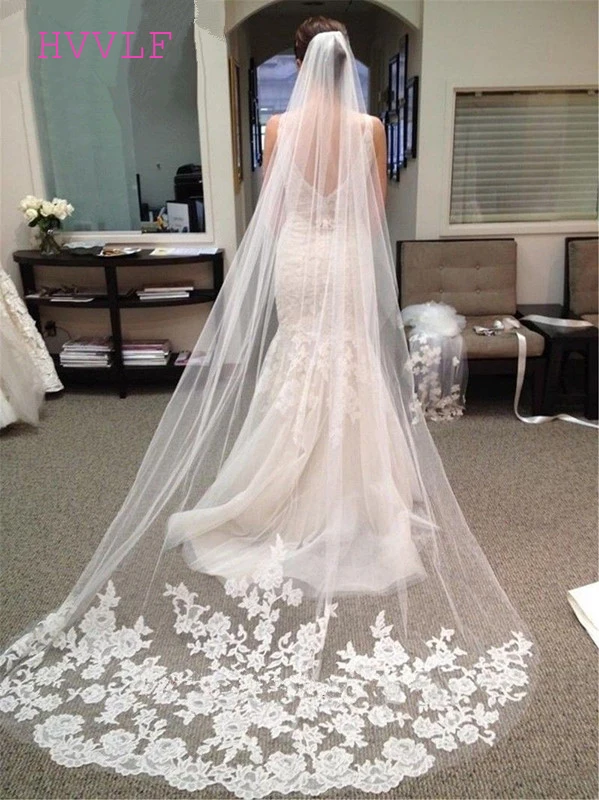 

Wedding Accessories 2019 Appliques Tulle Long Cathedral Wedding Veil Lace Edge Bridal Veil with Comb veu de noiva