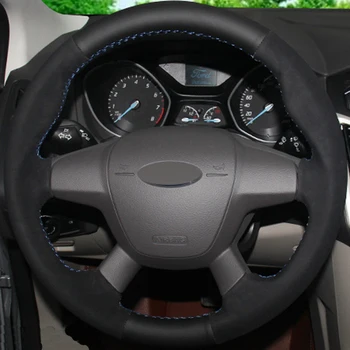 

Black Genuine Leather Suede DIY Hand-stitched Car Steering Wheel Cover for Ford Focus 3 2012-2014 KUGA Escape 2013-2016