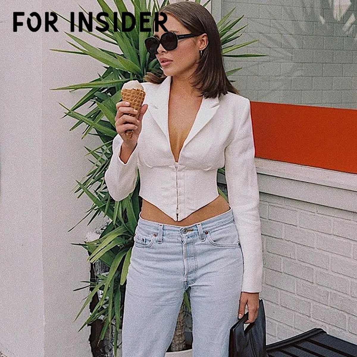 For Insider Casual streetwear sexy white blazer Women v neck cropped blazer jacket Party slim long sleeve autumn blazer coat
