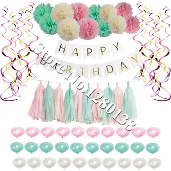 

Birthday Party Hanging Swirl Deocrations Bunting Banner Tissue Paper Pompoms Tassel Garlands Party Balloons(Pink+White+Mint)