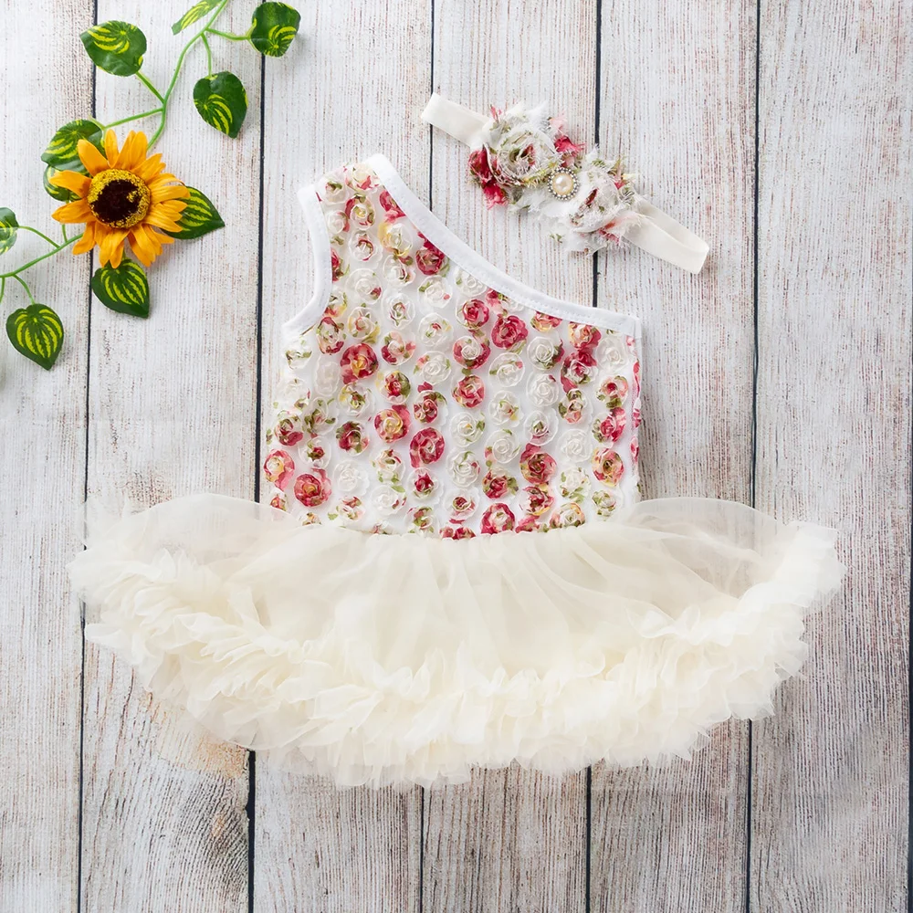 

2 pcs Baby Girls Flower Dress Newborn Lace Floral Appliques Romper Headband Set Girl Princess Dresses Single Shoulder Jumpsuit