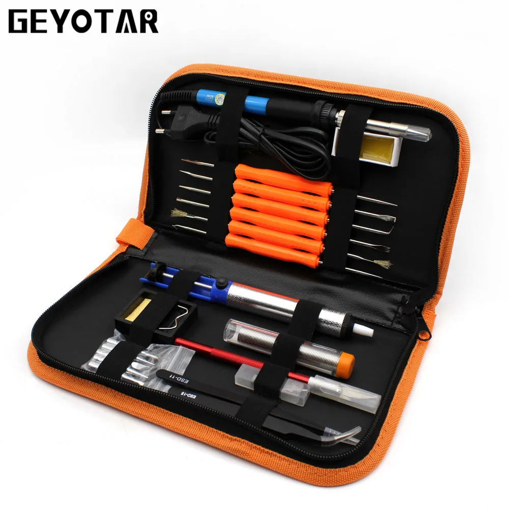 

220v 60w Portable Electric Soldering Iron Adjustable Temperature Solder +5pcs Tips Welding Repair Tool Kit Tweezers Eu Plug