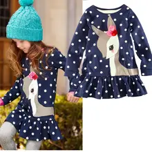 2-7Y Baby Girls Cute Deer Long Sleeve Cotton Polka Dots Top Dress T-Shirt