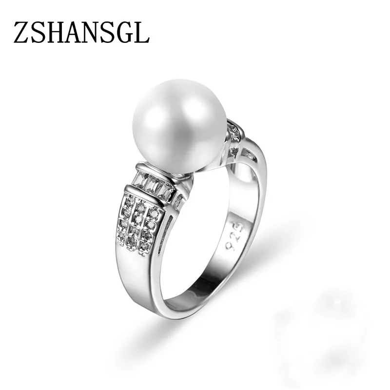 Cute Silver filled Freshwater Cultured 6-7 mm Pearl Rings for Women Clear AAA CZ Wedding Fashion Statement Jewelry Xmas Gift