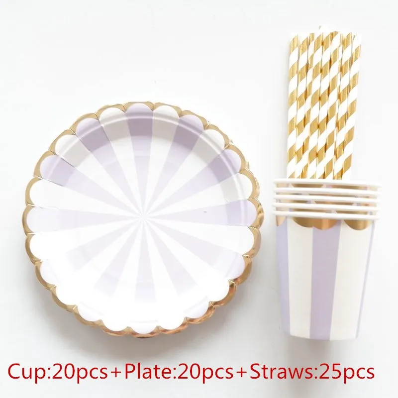 

65pcs Purple Striped Disposable Tableware Christmas New Year Party Paper Plates Cups Birthday Party Supplies Plastic Straws
