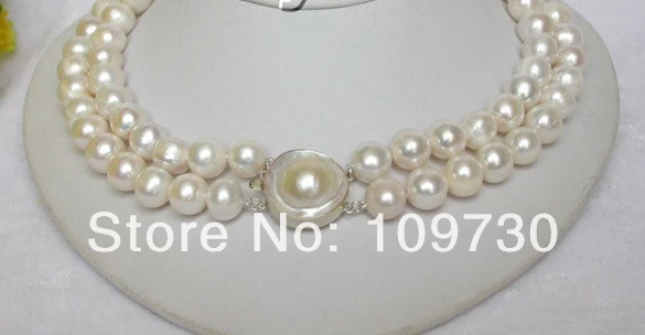 

Jewelry 002575 Genuine 2row 11-12mm round white pearls necklace mabe 925s