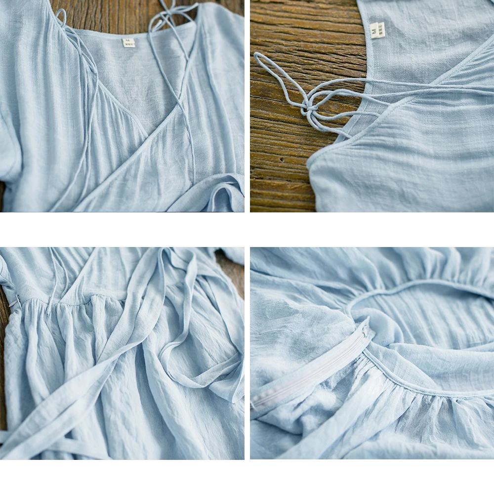MM150 Новое поступление весна-лето светло-голубое винтажное повседневное длинное женское льняное платье с поясом