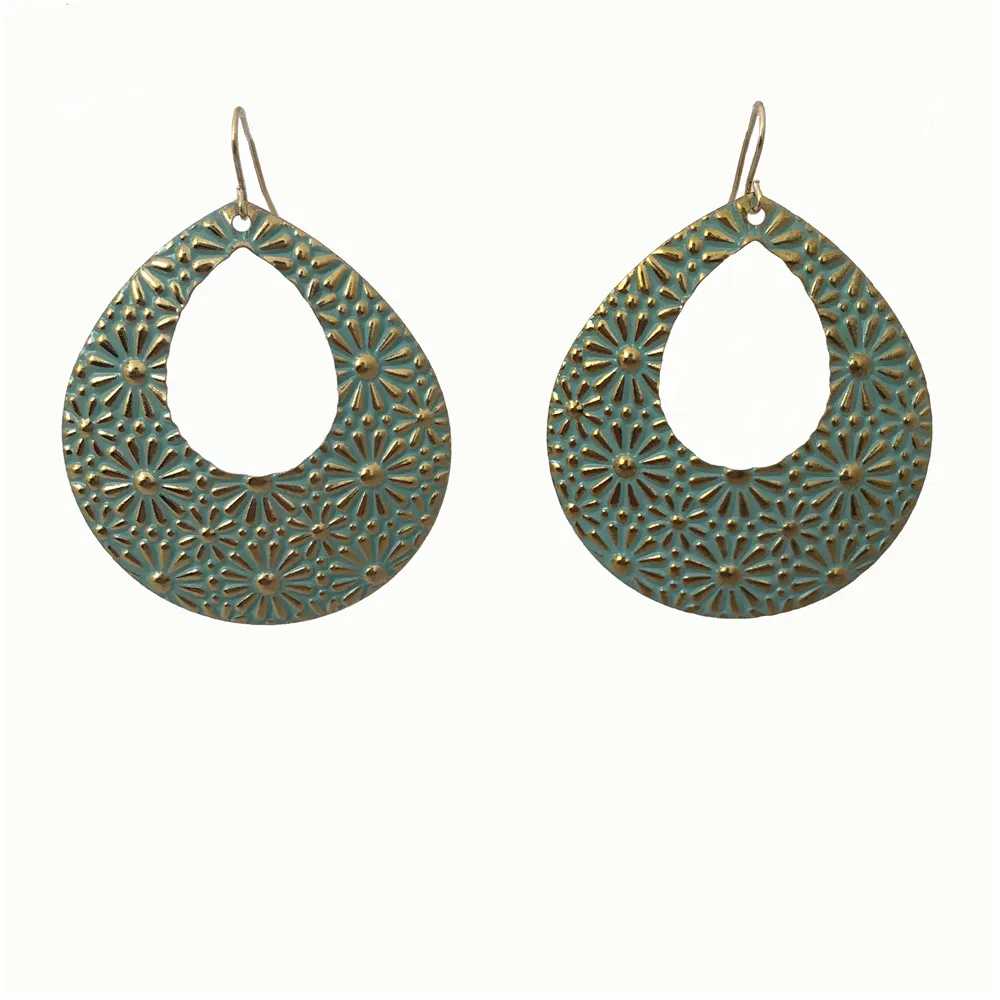 

Trendy water drop flower engraved oval shape fishhook earring