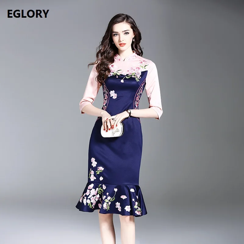 New Brand Chinese Style Dress Spring Summer 2018 Women Sweet Floral Embroidery Pink Blue Color Patchwork