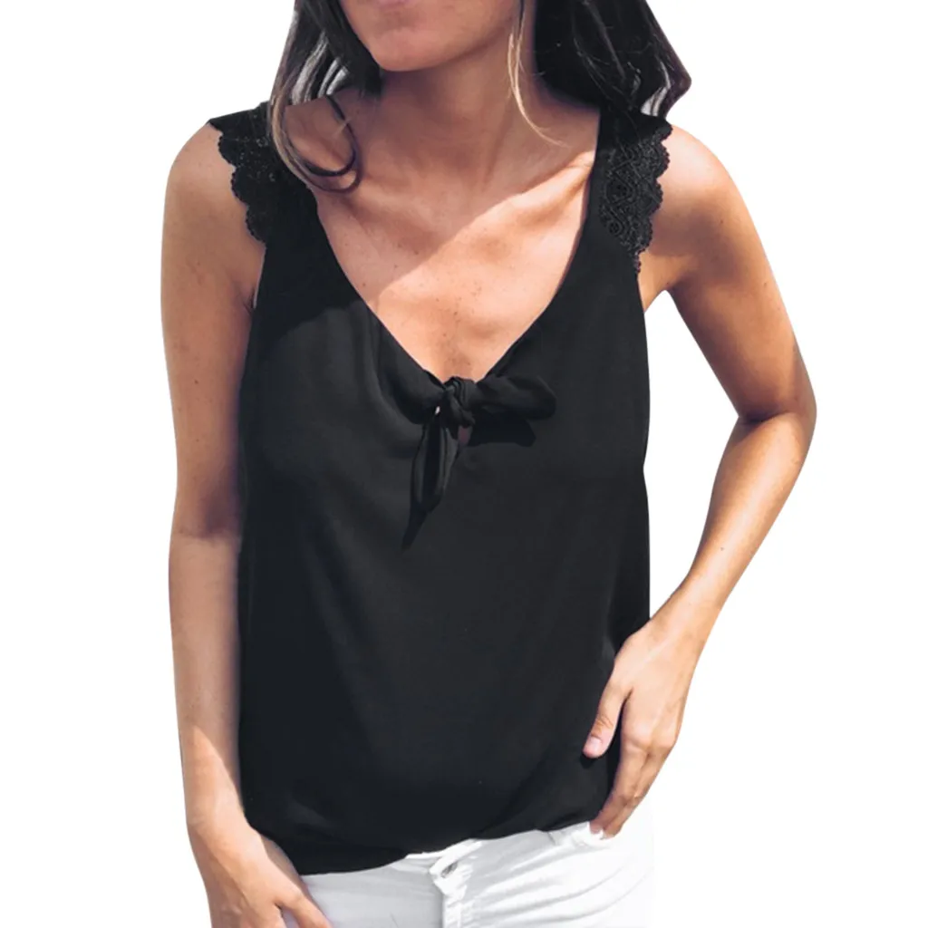 

Tops Floral Lace up Casual Bow Tie Sexy Crop Top Women V-Neck Summer Sleeveless Tank Tops Feminino Camisole Blouse Tee 19MAR8