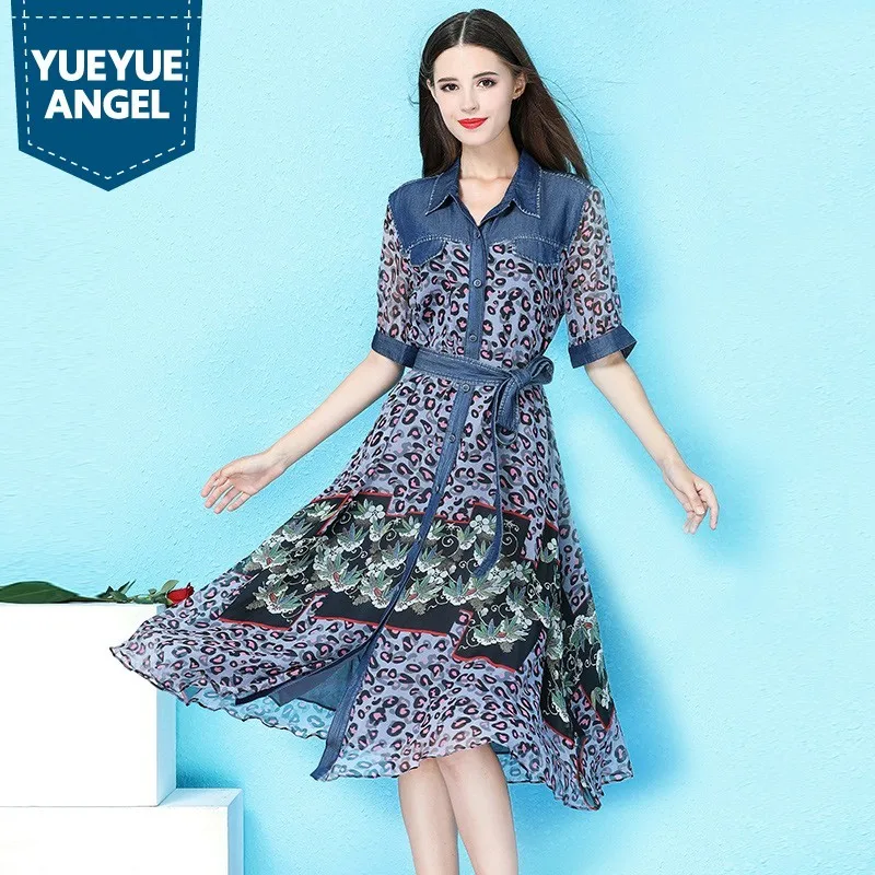 

Fashion Leopard Flower Printed Patchwork Denim Dresses High Quality Ladies Short Sleeve Single Breasted Sashes Slim A-Line Dress
