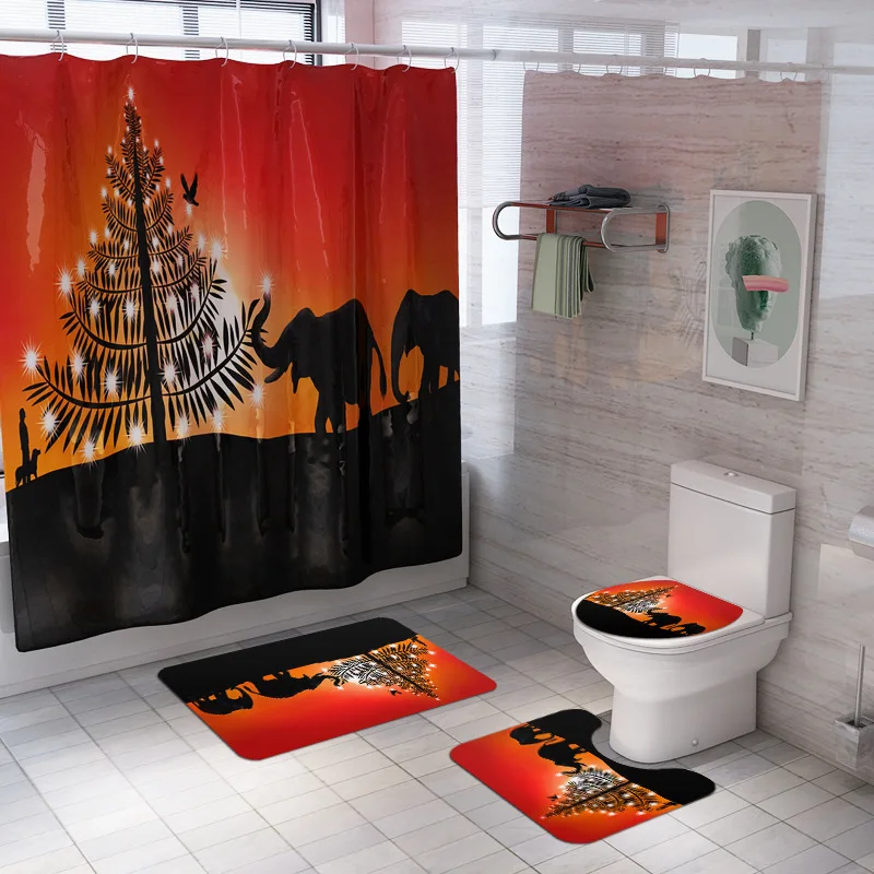 

Christmas Elephant Bathroom Set 180*180CM Shower Curtain Non-slip Bath Mats Carpets Printed Pedestal Rug Toilet Seat Cover
