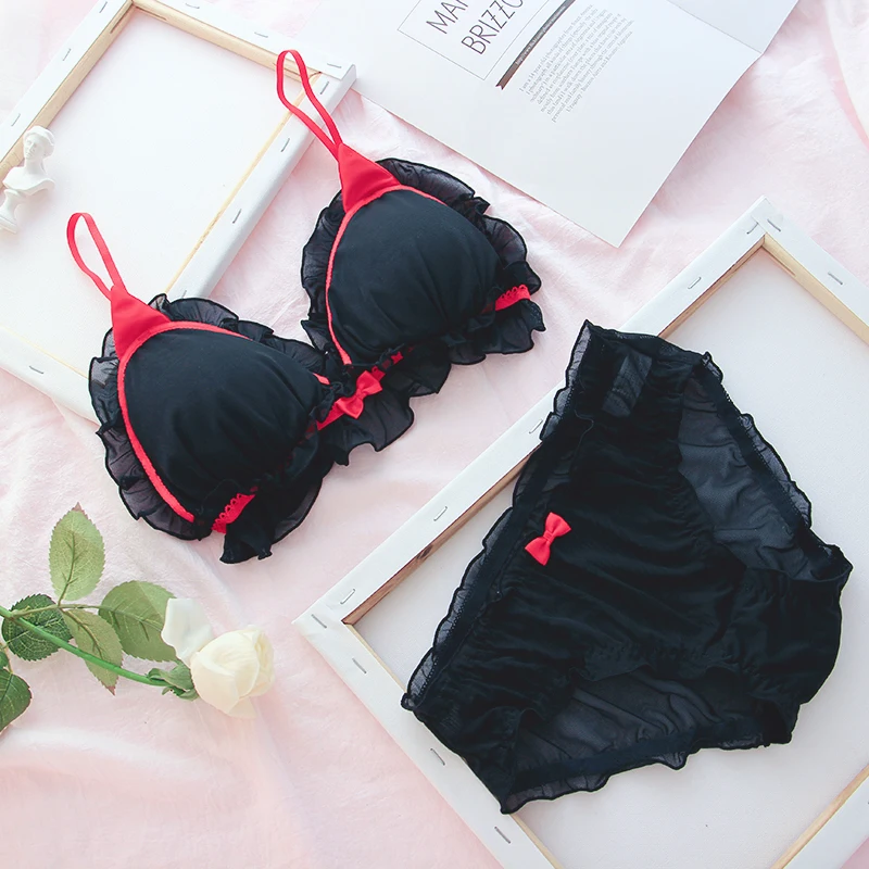 

Women Little Evil Bra Set Bow Wavy Lace Bralette Seamless Brassiere Lingerie Silk Satin Briefs Underwear