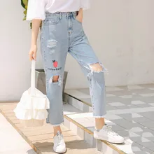 Новые женские джинсы Harajuku рваные джинсы цветы вышивка Прямые хлопковые джинсы женские#8219