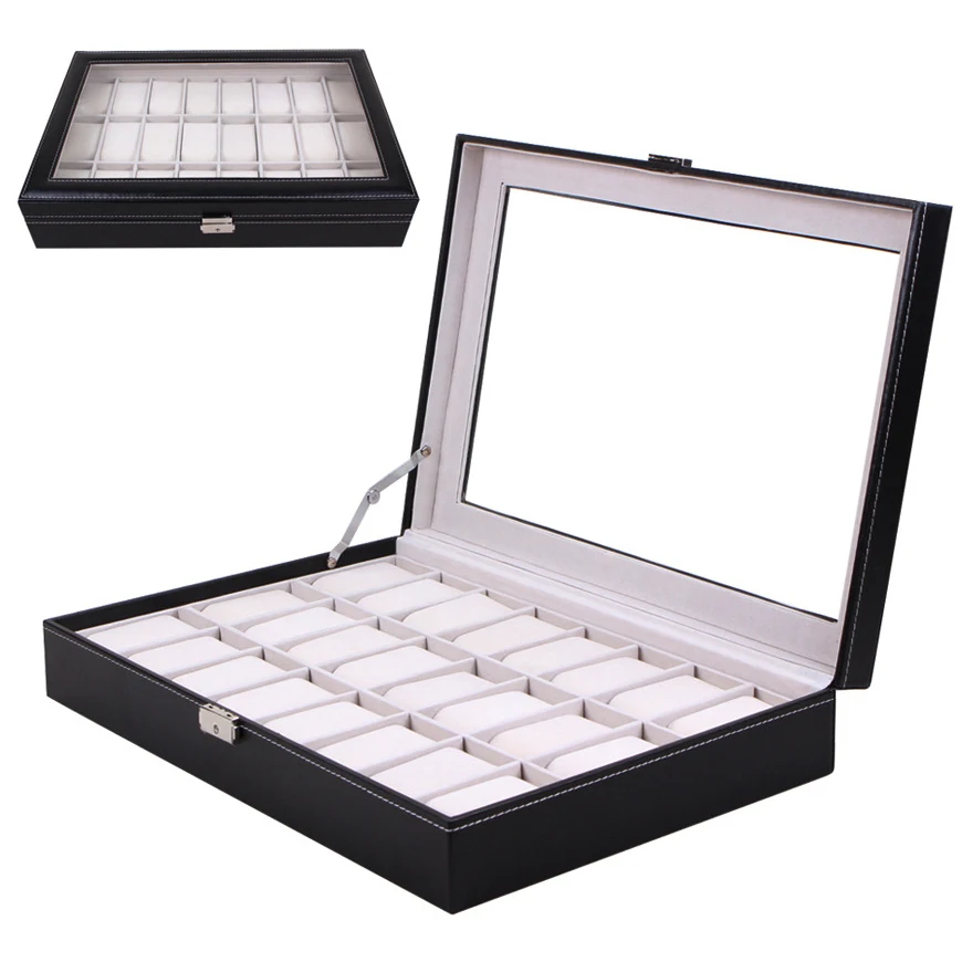 

2016 Watch Box Black 2 to 24 Grid Leather Watch Box Display Case Watch Storage Organizer Box Holder