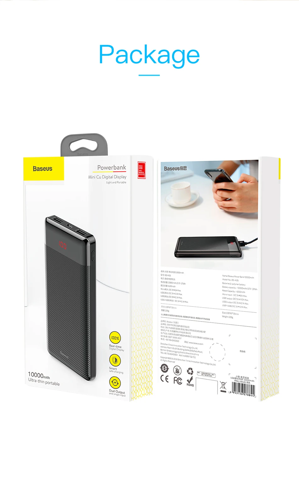 Baseus тонкий внешний аккумулятор 10000 мАч 10000 USB lcd Внешний аккумулятор портативное Внешнее зарядное устройство для мобильного телефона Xiaomi Poverbank