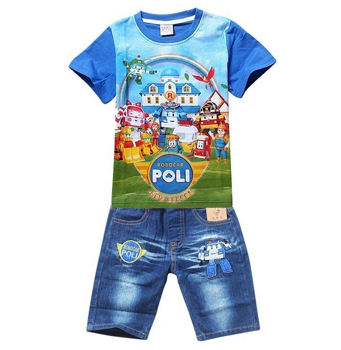 

New POLI ROBOCAR Boys Clothing Set Cartoon Cotton Shirt + Jeans 2 Pieces Suit Summer Kids Clothes Sets Baby Children's Clothing