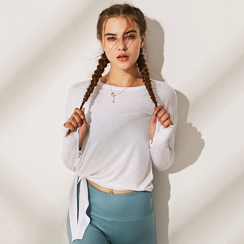 

Loose Fit Yoga Top Women Side Split Bandage Sport tshirt Women Streetwear Long Sleeve Running Workout T-shirts Gym Clothing