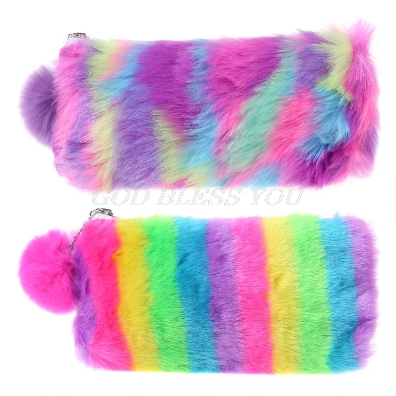 

2019 Cute Multi-Color Rainbow Pencil Case Women Girls School Supplies Faux Rabbit Fur Ball Makeup Storage Pompom Cosmetic Bag