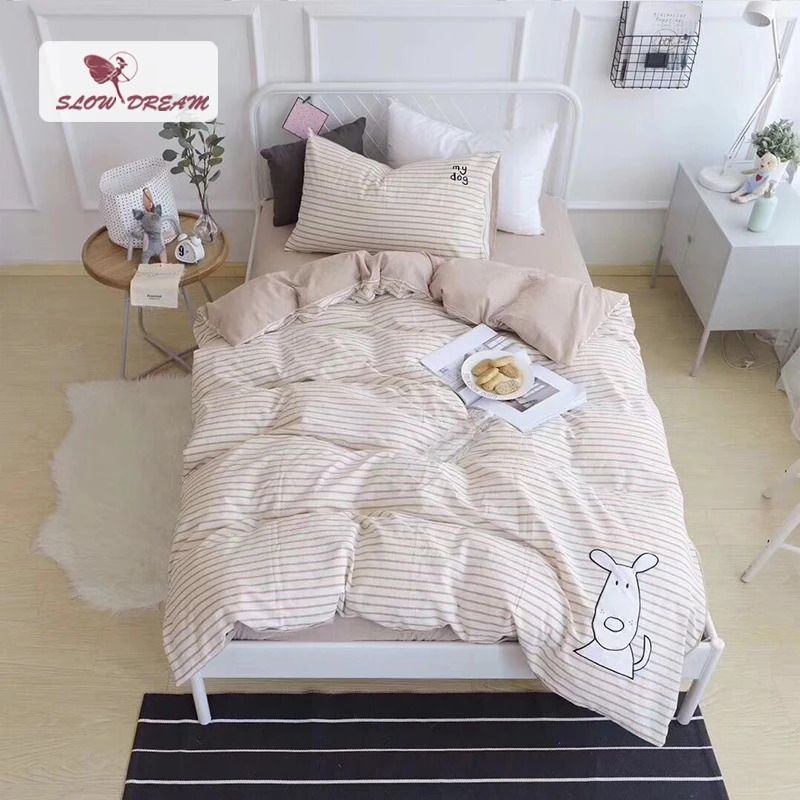 

SlowDream Cute White Puppy Cartoon Bedding Set Children Duvet Cover Set 100% Cotton Bed Set With Flat sheet 3pcs