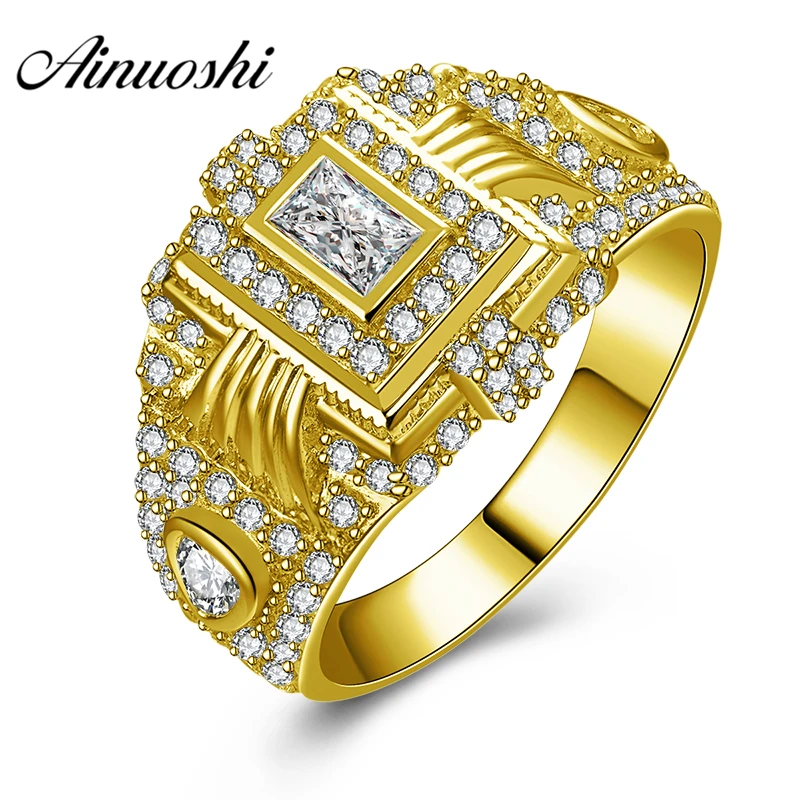 

AINUOSHI Luxury 10K Solid Yellow Gold Men Ring 6.3g Wedding Band Rectangle Halo Ring Wedding Engagement Gold Jewelry Men Band