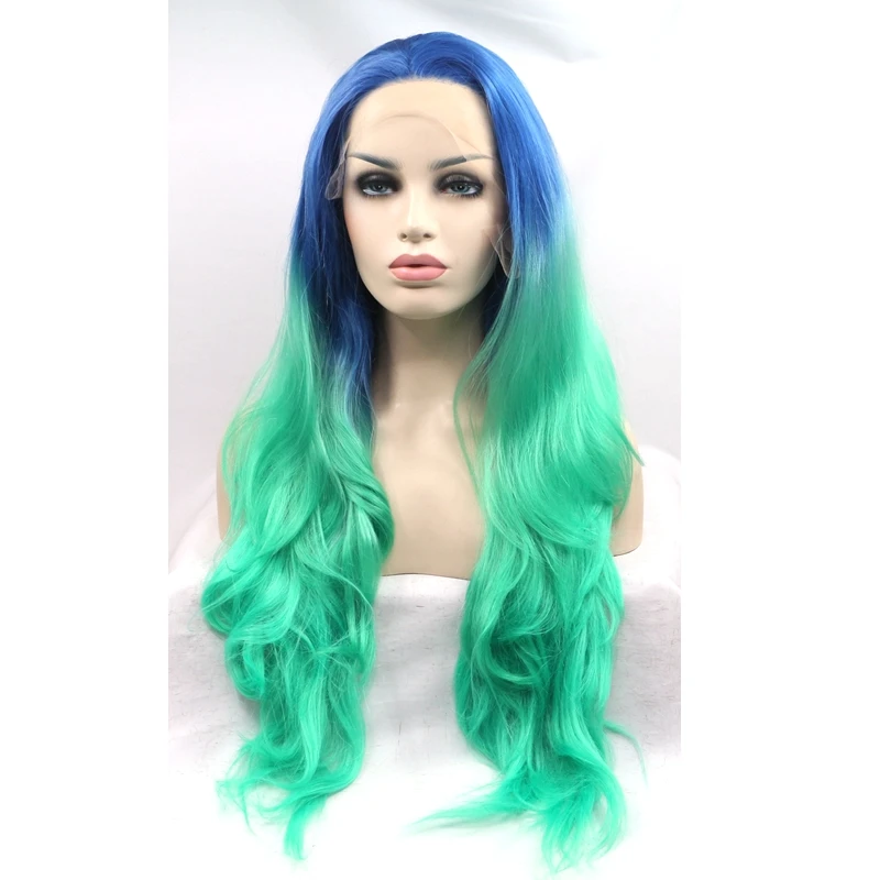 JOY&BEAUTY hair 26inch Two Tone blue ombre green long wavy wigs ...