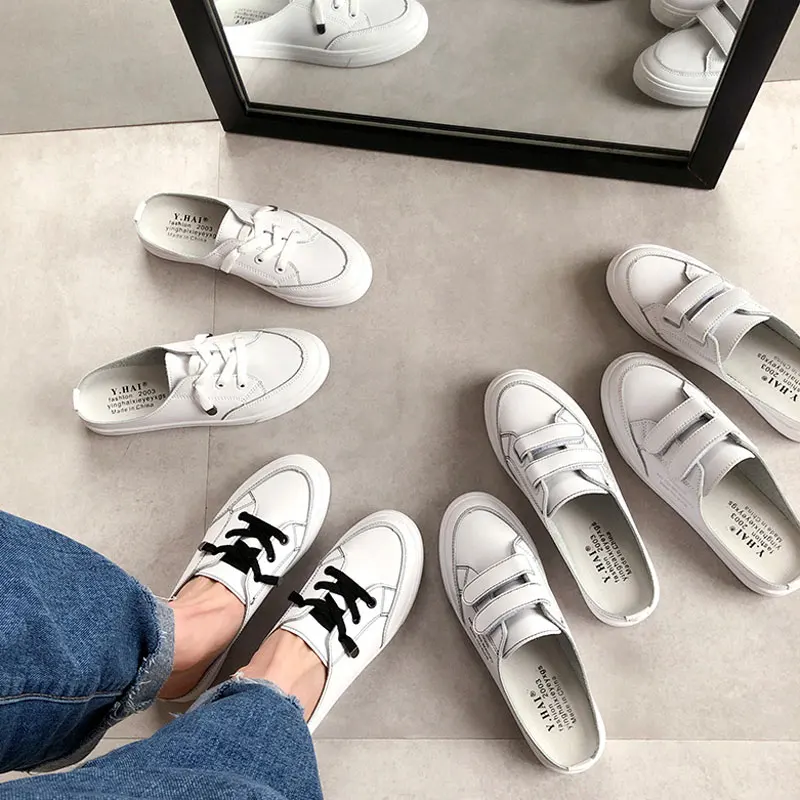 

TANGNEST Hook & Loop Women Shoes White Round Toe Flats Spring 2019 Soft Leather Casual Shoes Comfortable Solid Slippers XWD7734
