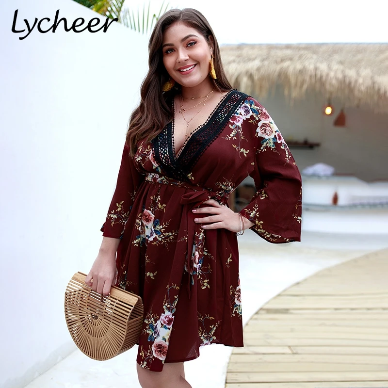 

Lycheer Plus Size Sexy Big Size Women Mini Short Dress Boho Floral Print Bohemian Summer Holiday Dress Sash High Waist Dresses