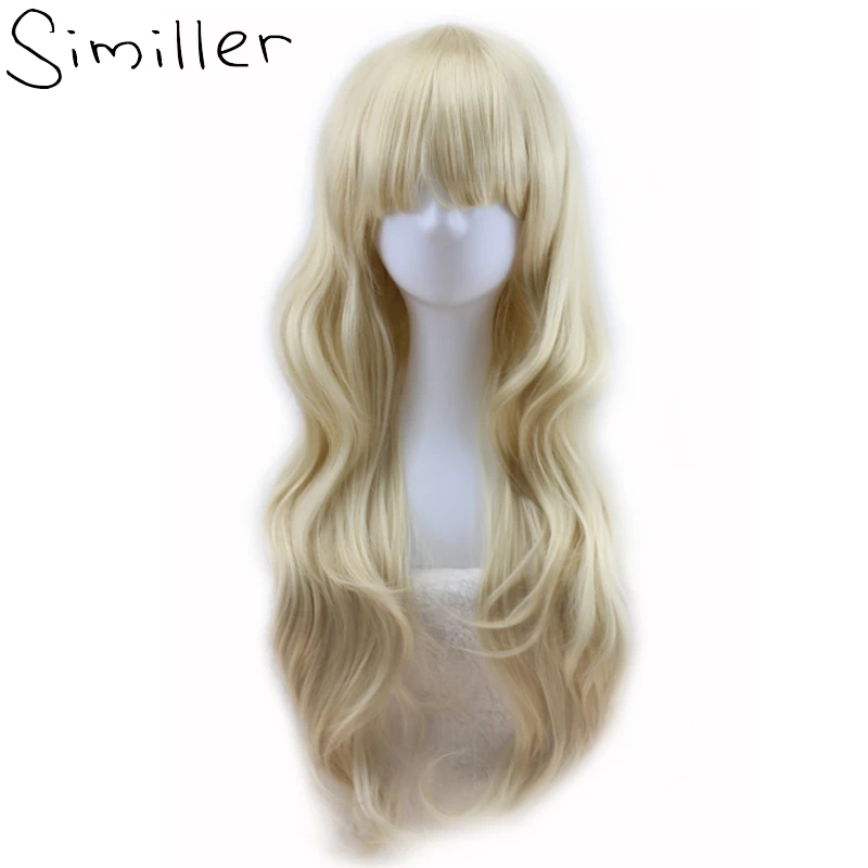 

Similler 24" Similler Long Curly Synthetic Wigs Fringe Bangs With Free Wig Cap Golden High Temperature Fiber Hair