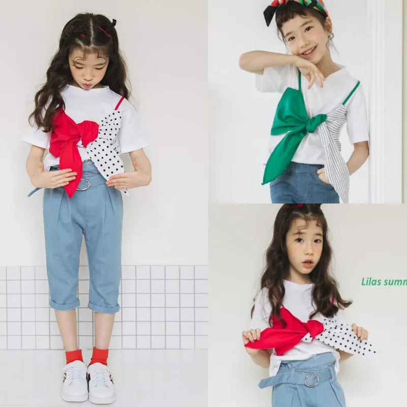 Korean Children T-shirt Big Bow Patchwork Personal Baby Tee Shirt 2018 Summer Girl Cotton T-shirt  Parent Child Tee Shirt,#2802